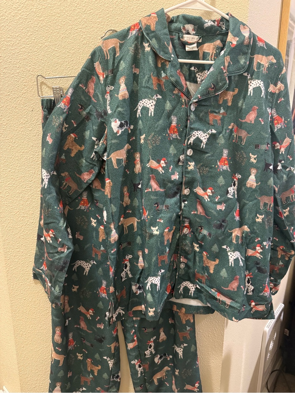 Pottery Barn Deep Green Dog Christmas Print Pajama Set with Multicolor Puppies